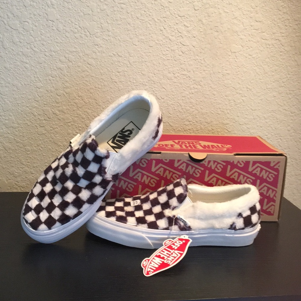 [NEW] Vans Checkerboard Faux Fur Slip-on Shoes